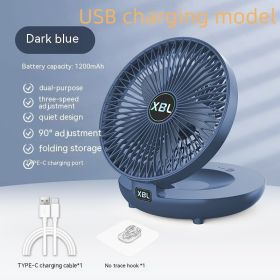 Small Electric Fan Rechargeable Night Light Portable Summer Cartoon Moving Student Bed Head Wall Desktop Mini (Option: Blue 5-Usb Plug In Charging Plug)