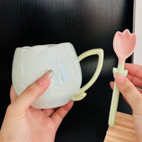 Female Gaomei Tulip Ceramic Mug Without Spoon Girly Heart Water Cup (Option: Light Blue-About 360ml-With Spoon)