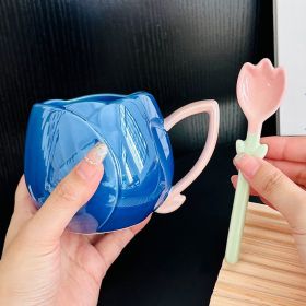 Female Gaomei Tulip Ceramic Mug Without Spoon Girly Heart Water Cup (Option: Dark Blue-About 360ml-With Spoon)