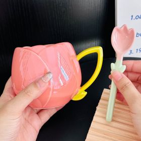 Female Gaomei Tulip Ceramic Mug Without Spoon Girly Heart Water Cup (Option: Red-About 360ml-With Spoon)