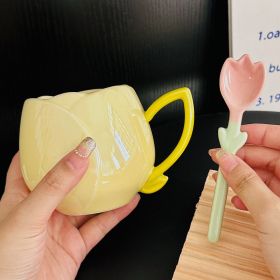 Female Gaomei Tulip Ceramic Mug Without Spoon Girly Heart Water Cup (Option: Yellow-About 360ml-With Spoon)